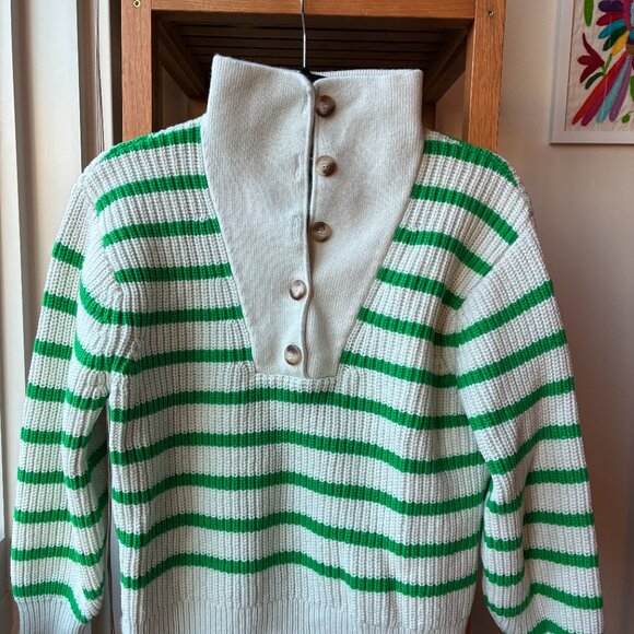 LA Maille Sezane Kyam White and Green Striped Jumper with Buttons - Picture 8 of 9